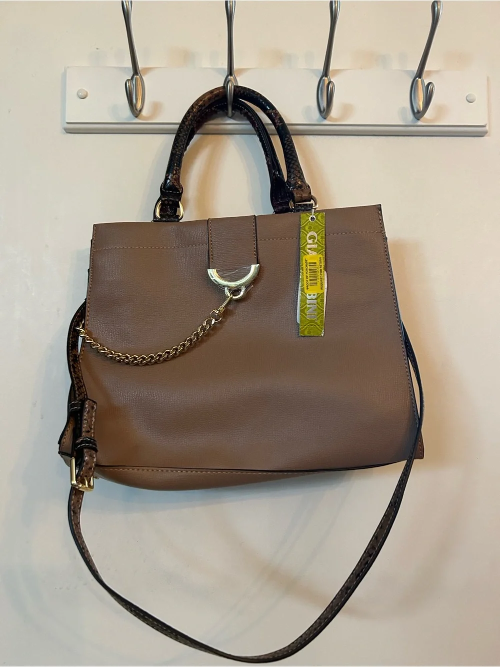 Gianni Bini Taupe Structured Satchel with Gold Chain Accent